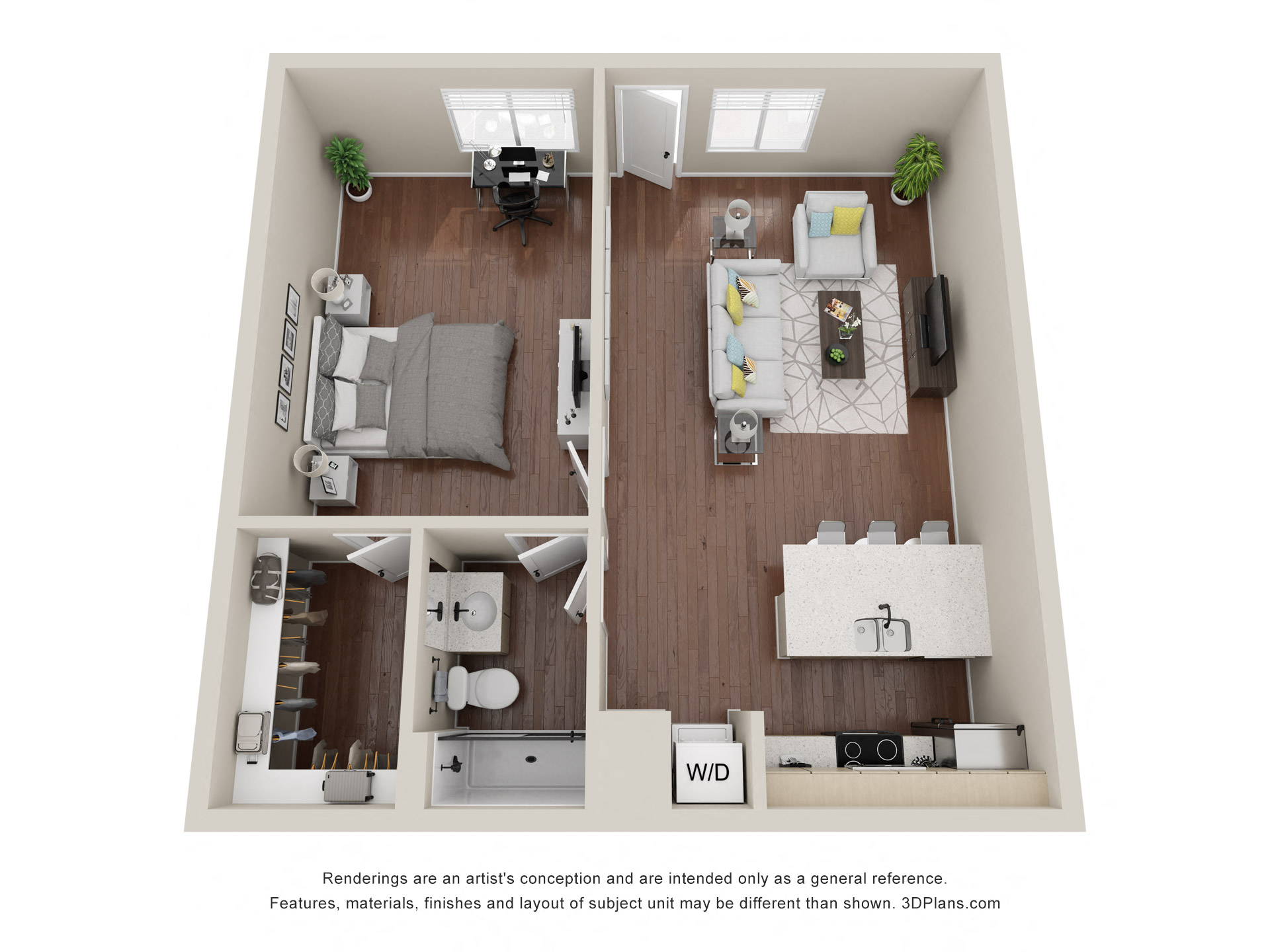 Floor plan for 1 bed, 1 bath, 718 sqft